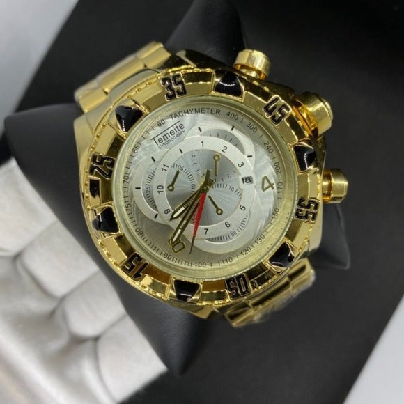 Men's  Gold Color Military Watch Large Dial All Stainless Steel Night Light - Picture 1 of 7